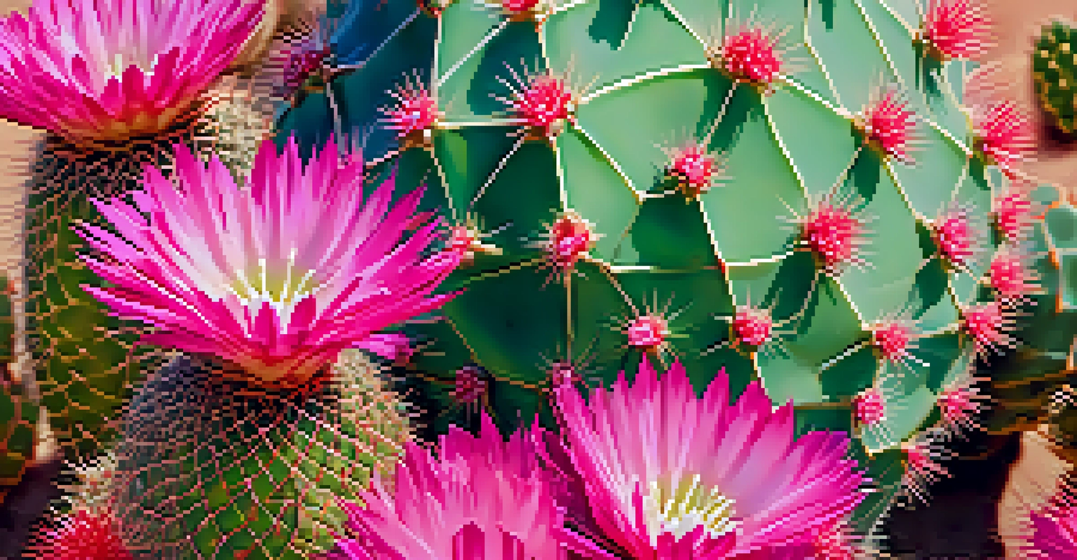 A close-up of a peyote cactus showing its spines and pink flowers against a blurred sandy background.