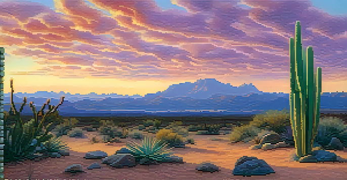 A tranquil desert scene with a peyote cactus in front of a colorful sunset sky, highlighting the beauty of nature.