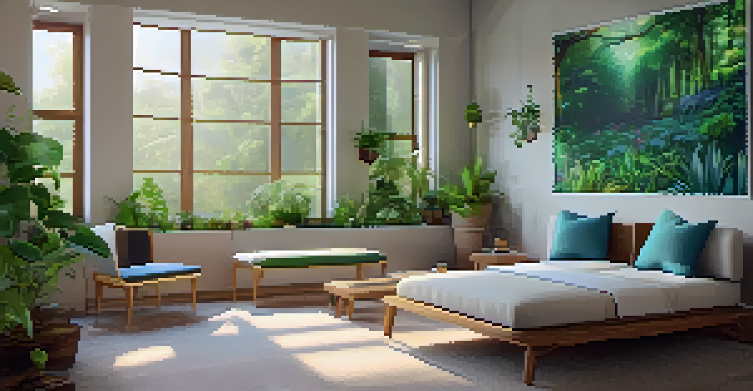 A calming therapy room with comfortable seating, soft lighting, plants, and a view of nature, creating a peaceful and safe environment.