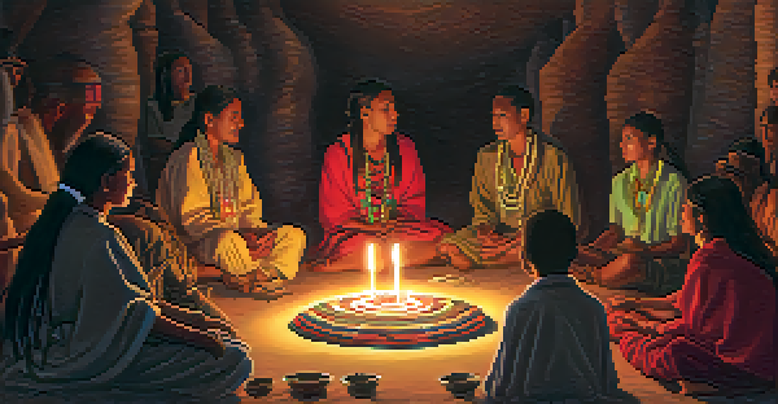 A group of Indigenous people in a circle during a peyote ceremony, illuminated by candlelight with traditional artifacts and a central altar.