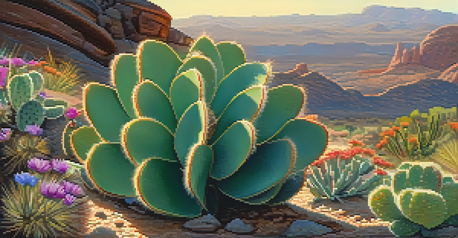 A close-up image of a peyote cactus in a desert landscape, highlighting its texture and the surrounding wildflowers under soft sunlight.