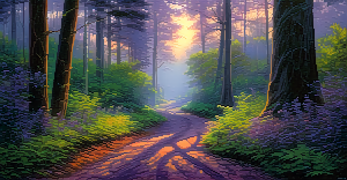 A peaceful forest at dusk with colorful skies and tall trees, featuring a winding path and a mystical mist.