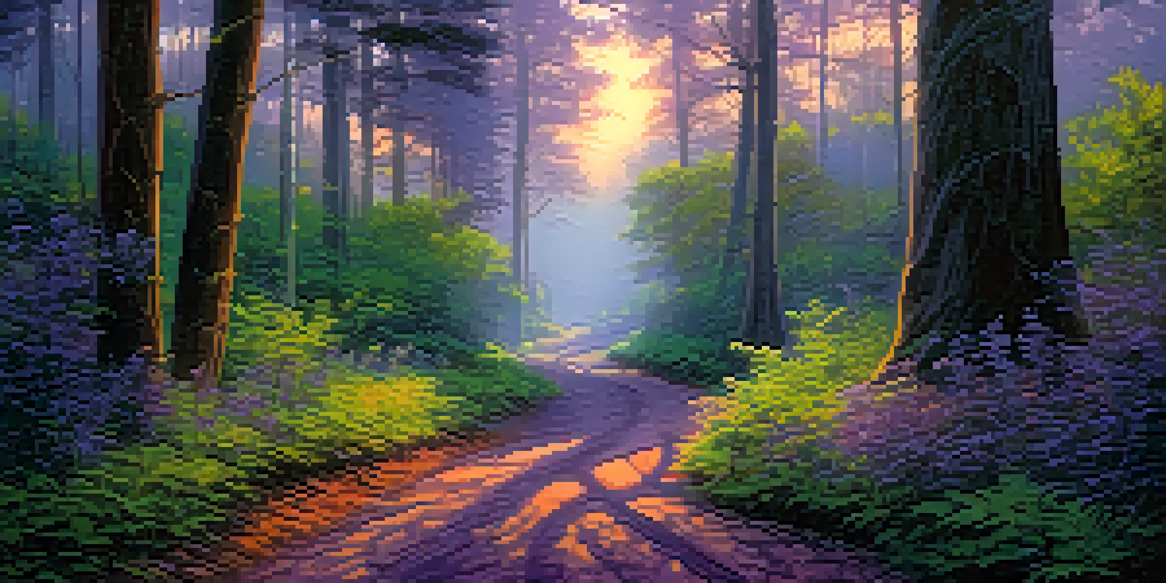A peaceful forest at dusk with colorful skies and tall trees, featuring a winding path and a mystical mist.