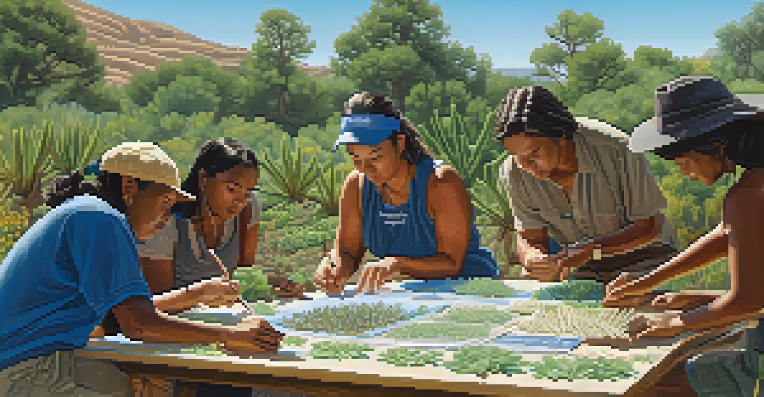 A community workshop teaching sustainable peyote harvesting methods in an outdoor setting.