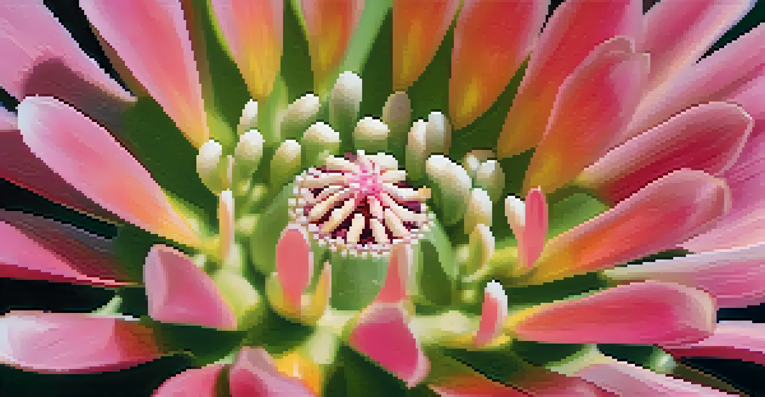 A detailed close-up of a peyote cactus flower, highlighting its pink petals and yellow center, illuminated by natural sunlight.