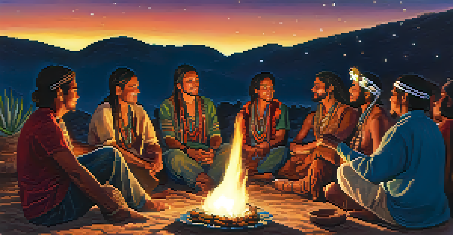 A diverse group of men and women gathered around a fire during a peyote ceremony at night, sharing stories under a starry sky.