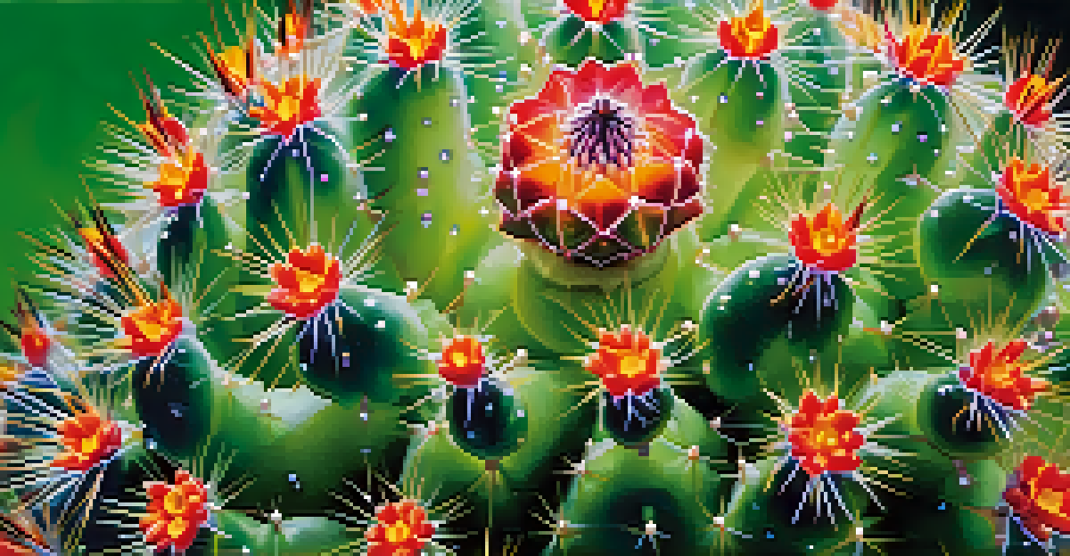 A close-up view of a peyote cactus highlighting its spines, flowers, and dew droplets.