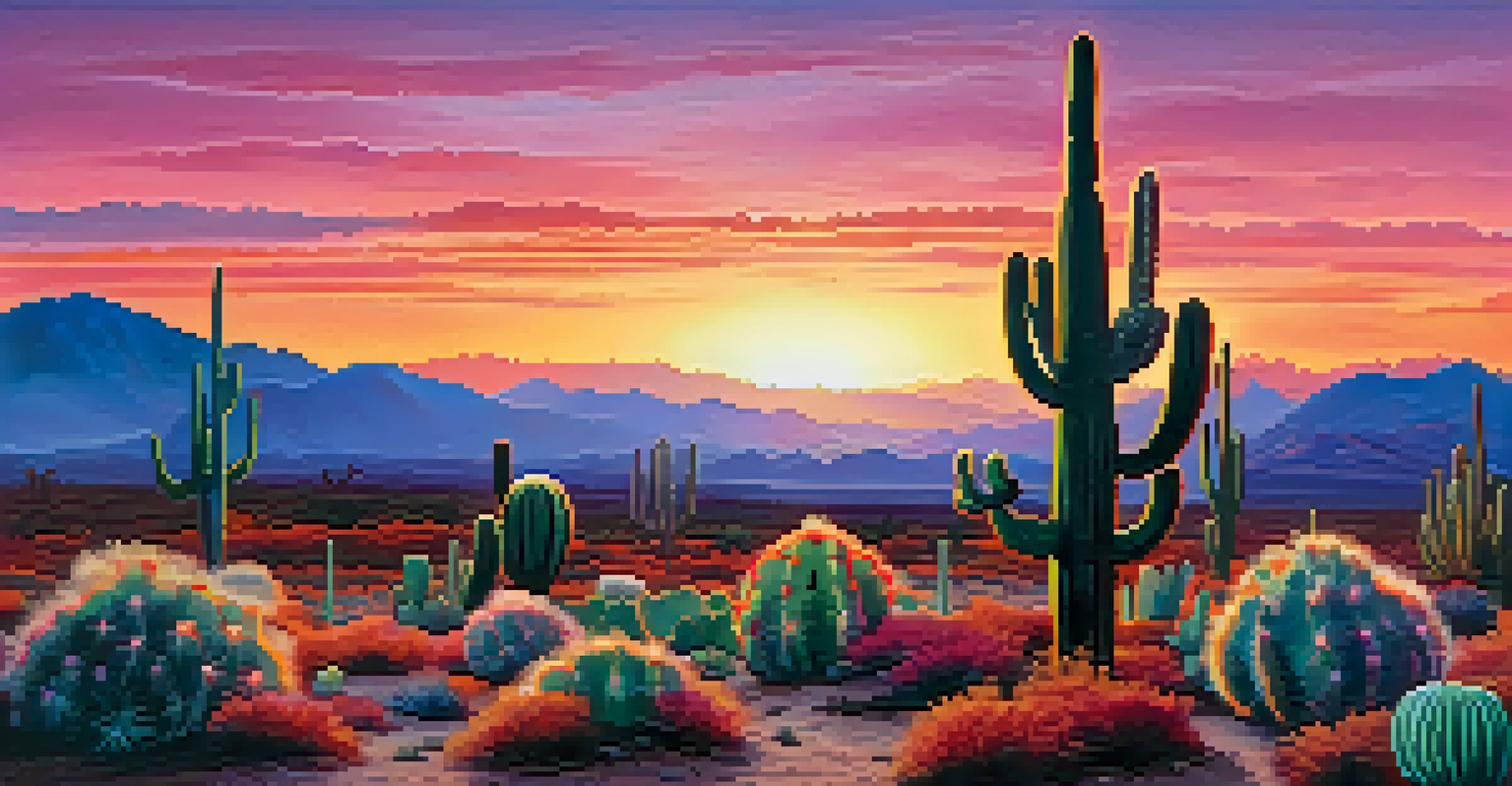 A field of peyote cacti at dusk, with a colorful sunset sky and soft grass covering the ground.