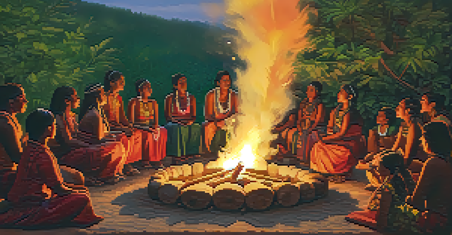 A group of Indigenous people gathered around a fire, sharing stories in traditional attire, surrounded by nature.