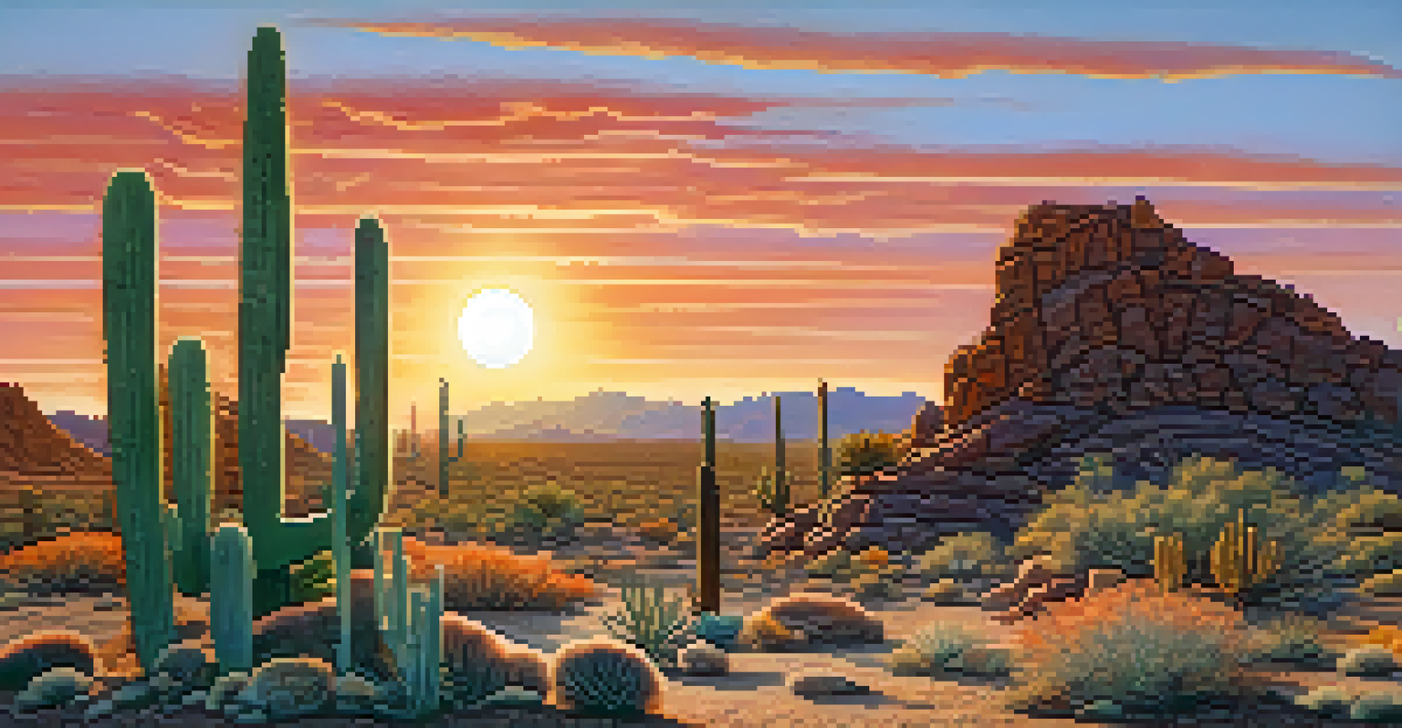 A peyote cactus in a desert landscape during sunset, with colorful skies and detailed vegetation.