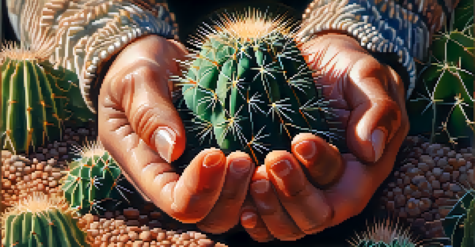 Close-up of a person's hands holding a Peyote cactus in a natural setting with soft sunlight filtering through leaves.