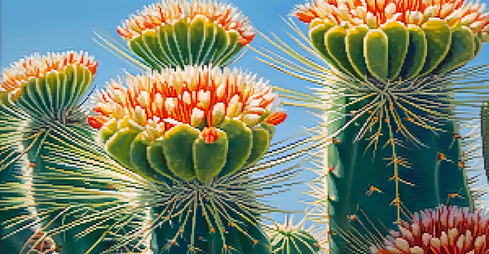 A close-up view of a peyote cactus featuring vibrant green spines and colorful flowers against a clear blue sky, with soft sunlight enhancing the details.