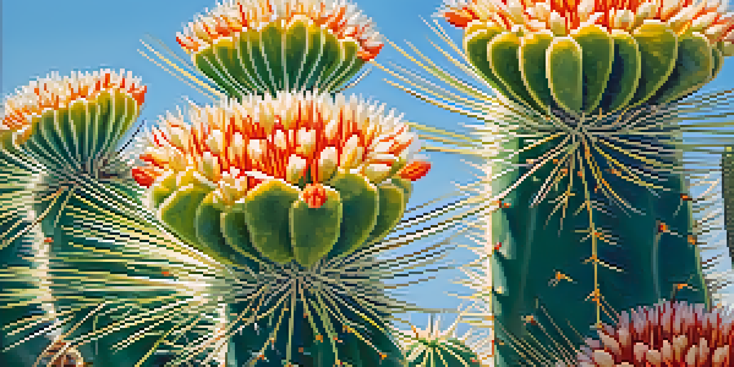 A close-up view of a peyote cactus featuring vibrant green spines and colorful flowers against a clear blue sky, with soft sunlight enhancing the details.