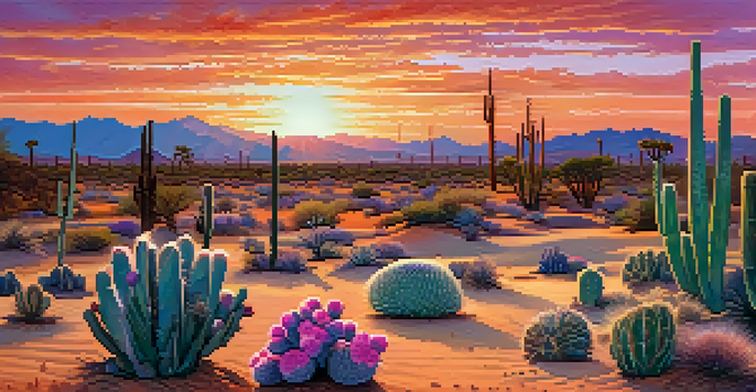 A serene desert scene with peyote cacti silhouetted against a colorful sunset, showcasing their textures and shapes.