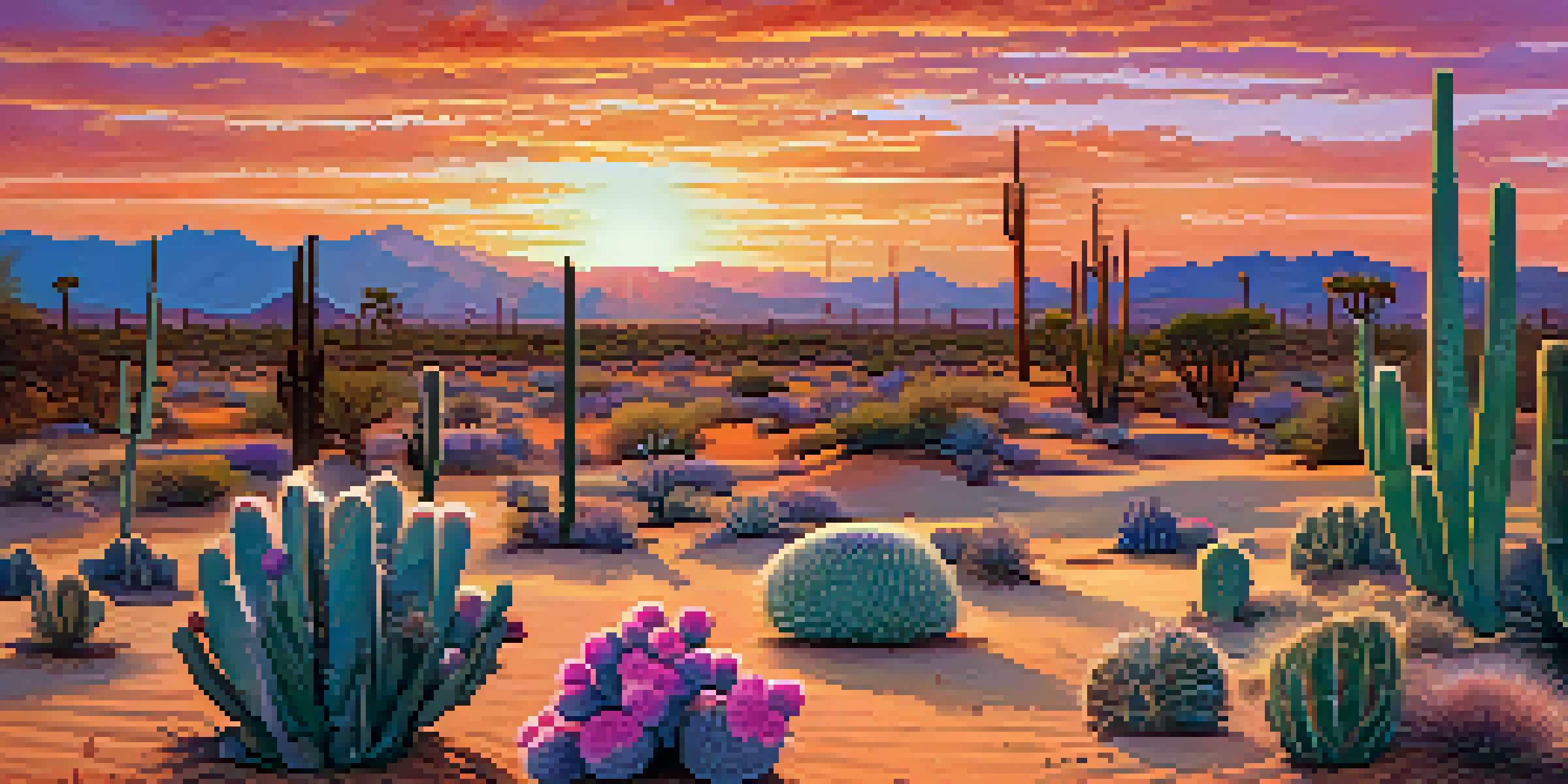 A serene desert scene with peyote cacti silhouetted against a colorful sunset, showcasing their textures and shapes.