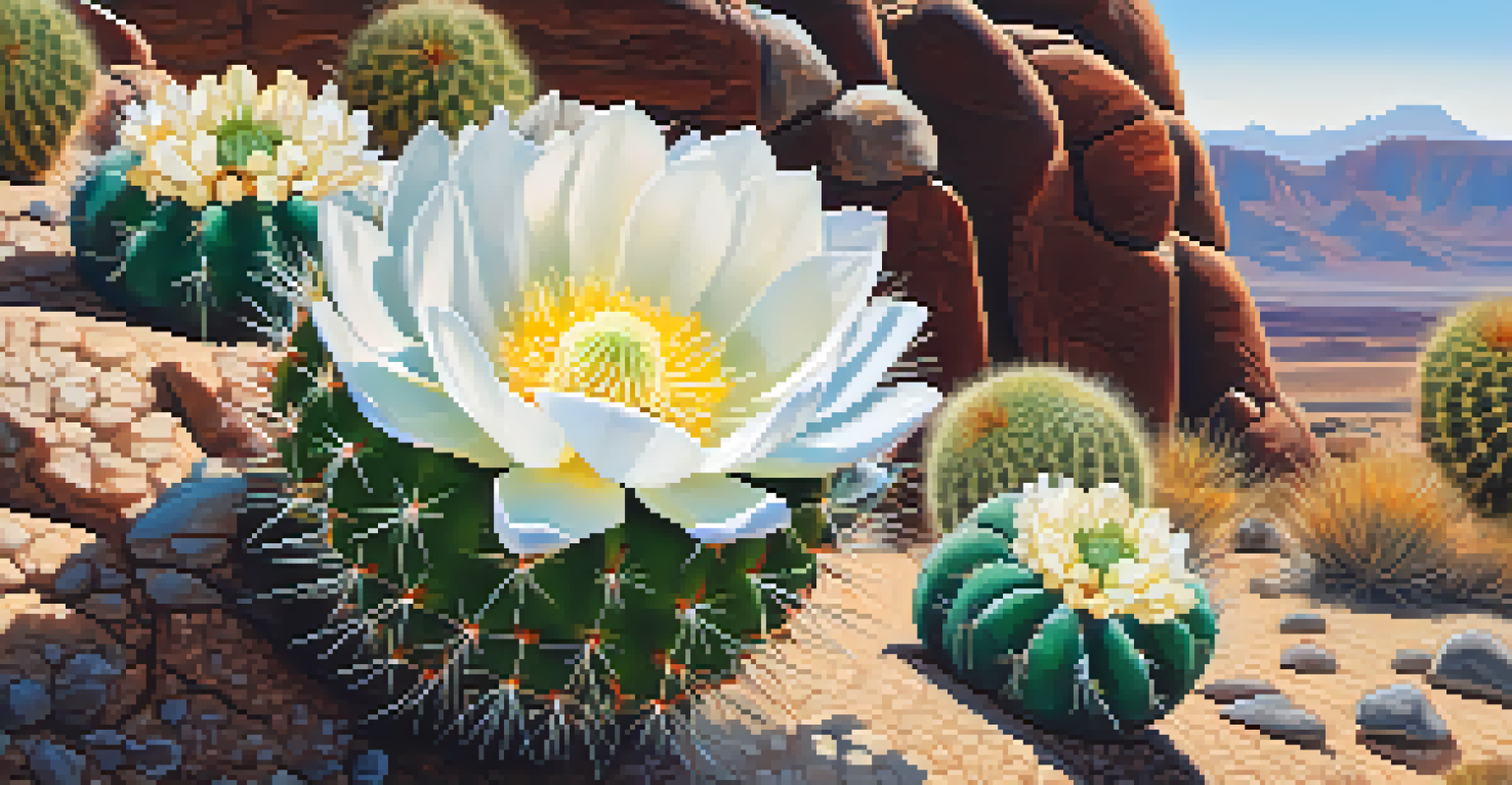 A close-up view of a peyote cactus with white flowers and textured soil around it.