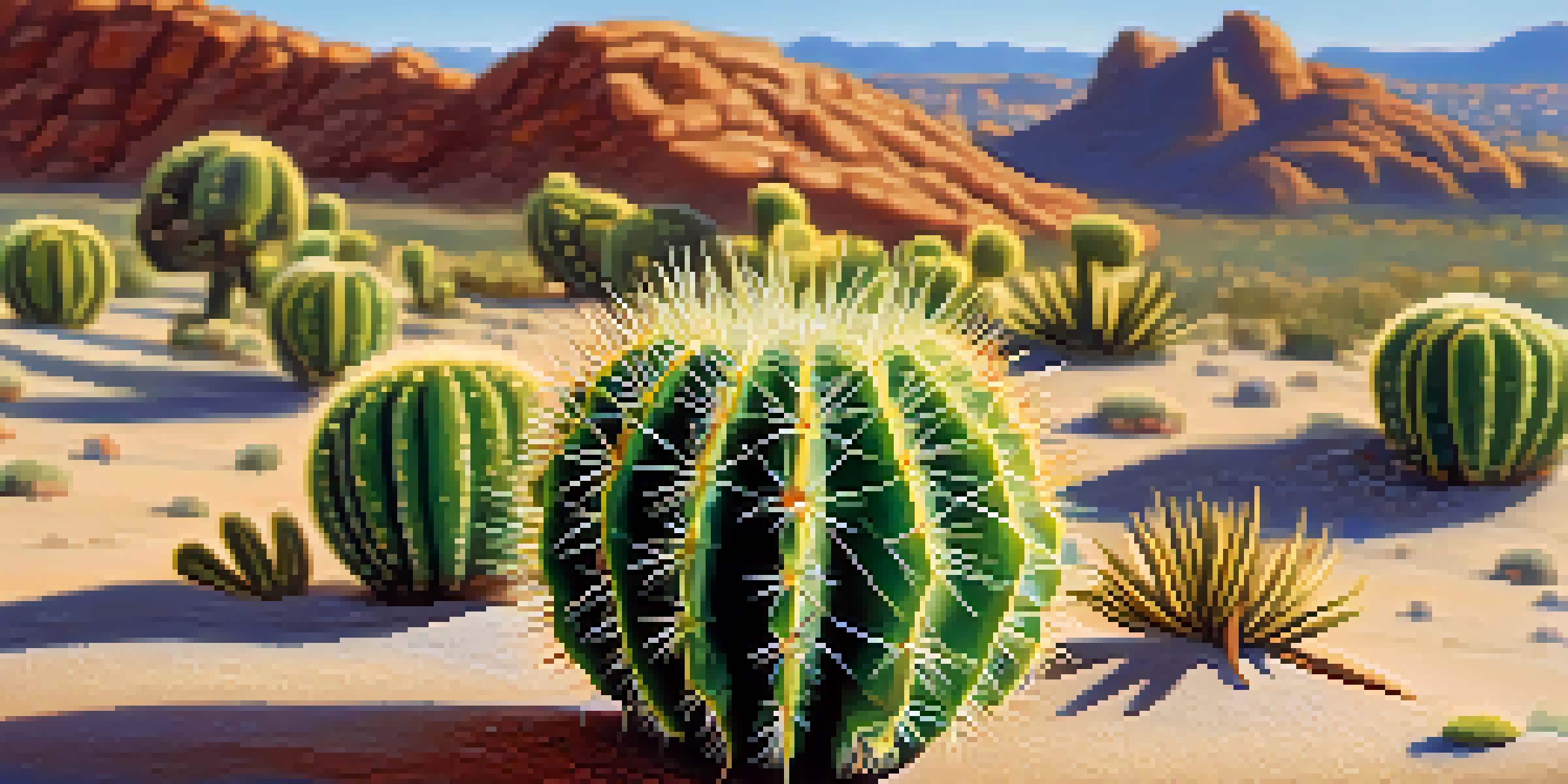 A close-up view of a peyote cactus in a desert setting, with green round shapes and a clear blue sky in the background.