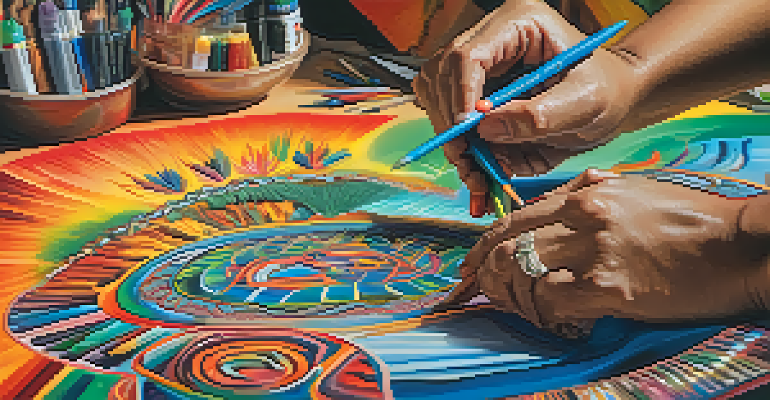 An artist painting a mural inspired by peyote, with bright colors and cultural symbols.