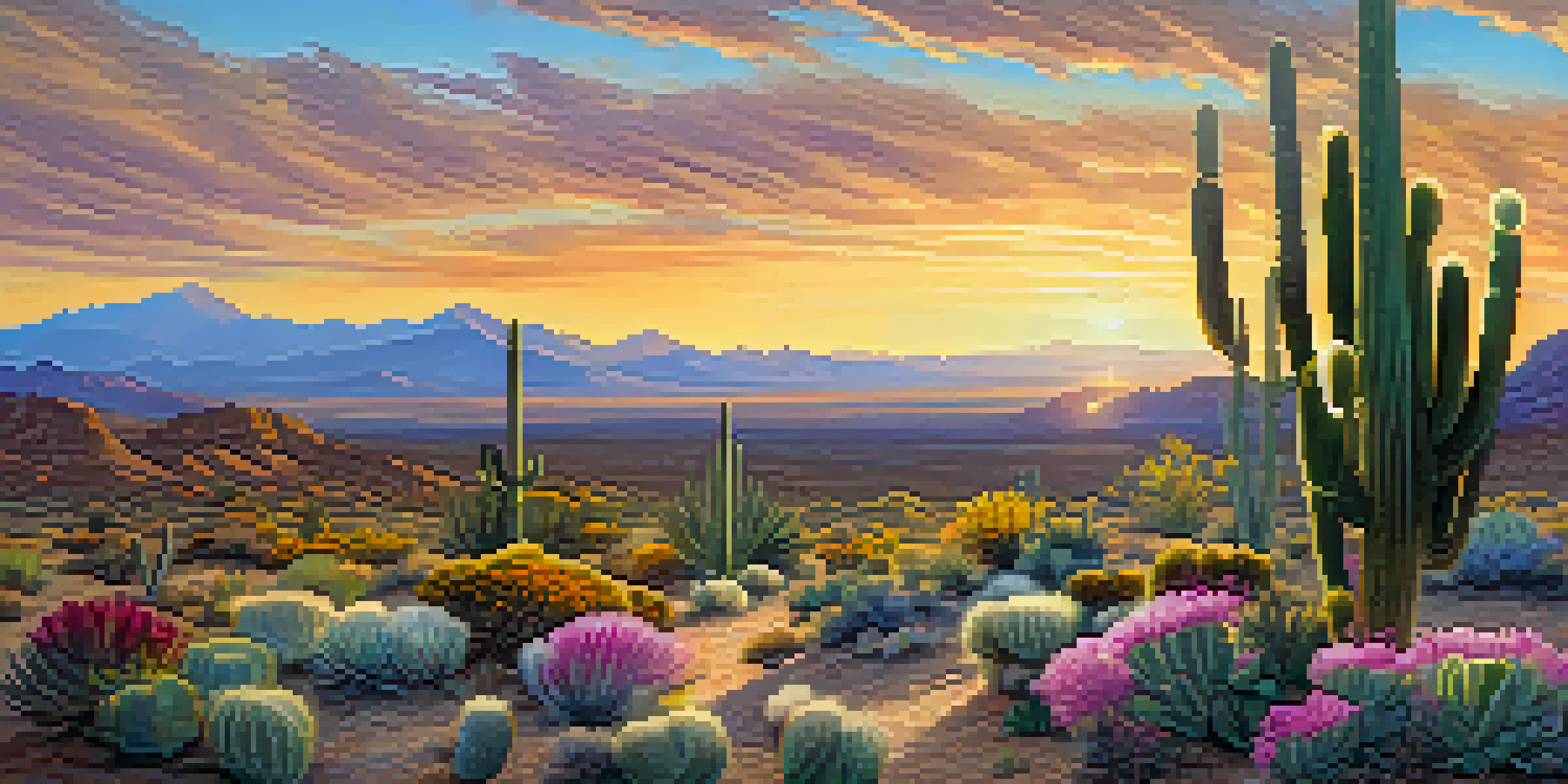 A peyote cactus surrounded by desert flowers at sunset, with mountains in the background.