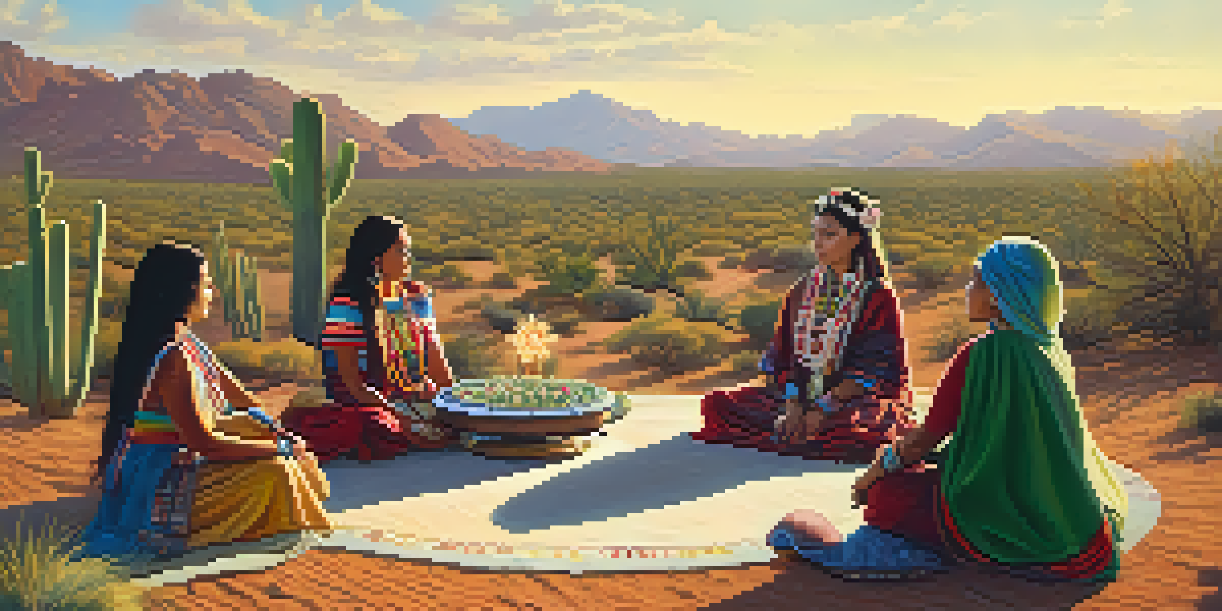 A diverse group of women participating in a peyote ritual in a desert landscape, surrounded by peyote cacti and tribal artifacts, illuminated by golden sunlight.