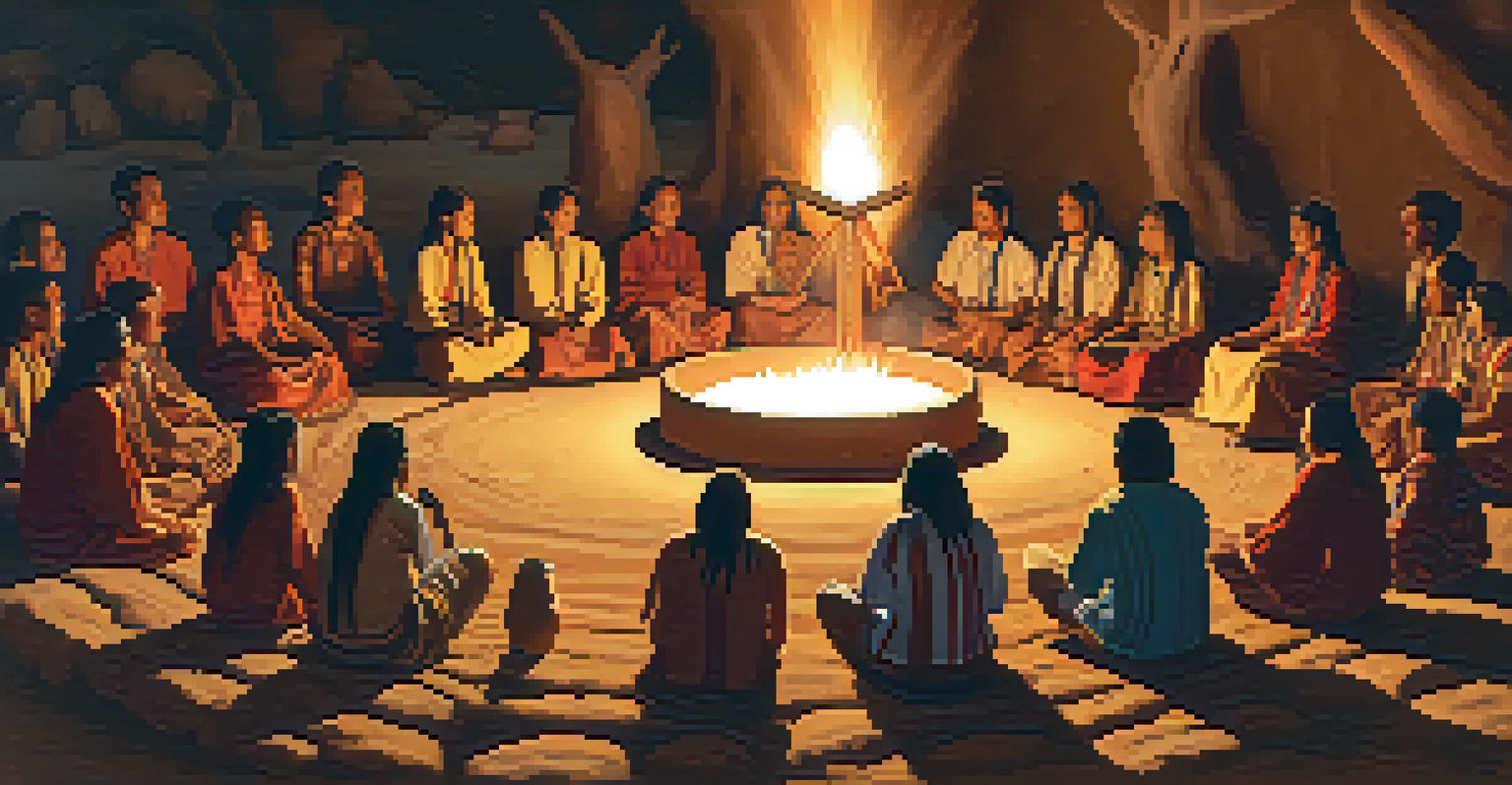 A group of people in traditional attire engaged in a Peyote ritual around a central fire.