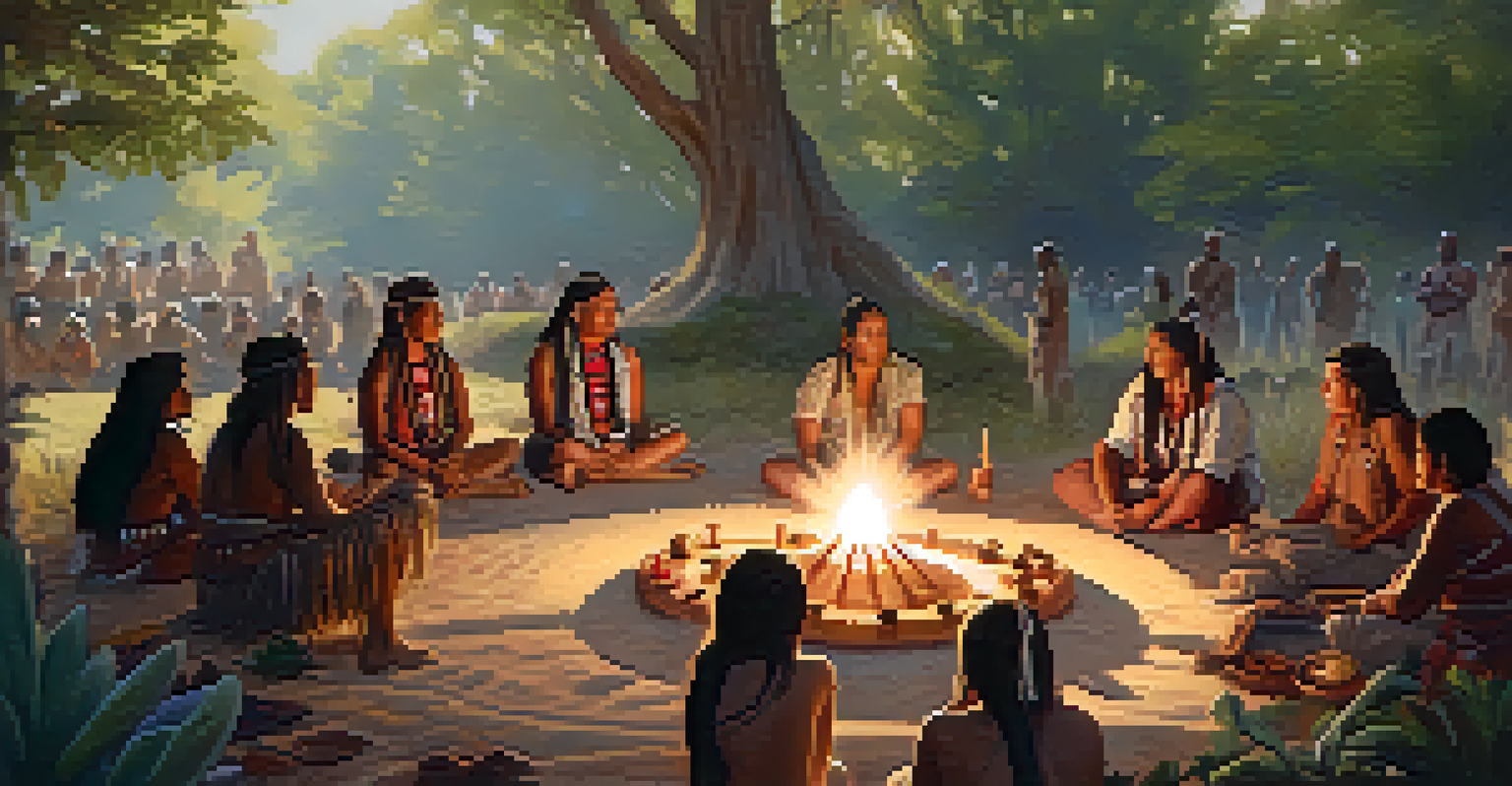 Indigenous people gathered in nature for a Peyote ceremony, sharing stories in a peaceful setting.