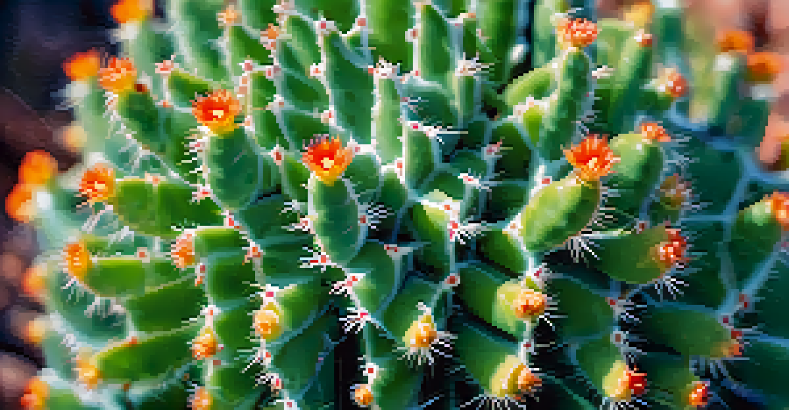 A close-up view of a peyote cactus, showcasing its texture and vibrant flowers in natural light.