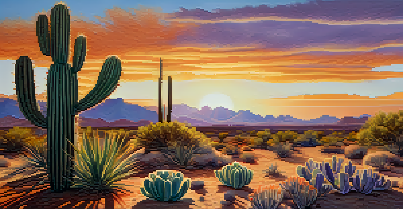 A small peyote cactus in a colorful desert landscape during sunset, with vibrant flowers and a gradient sky.