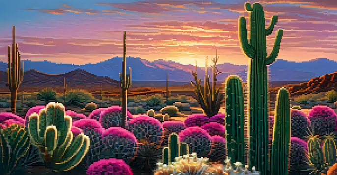 A peaceful desert scene featuring peyote cacti with blooming flowers during sunset, with mountains in the background.