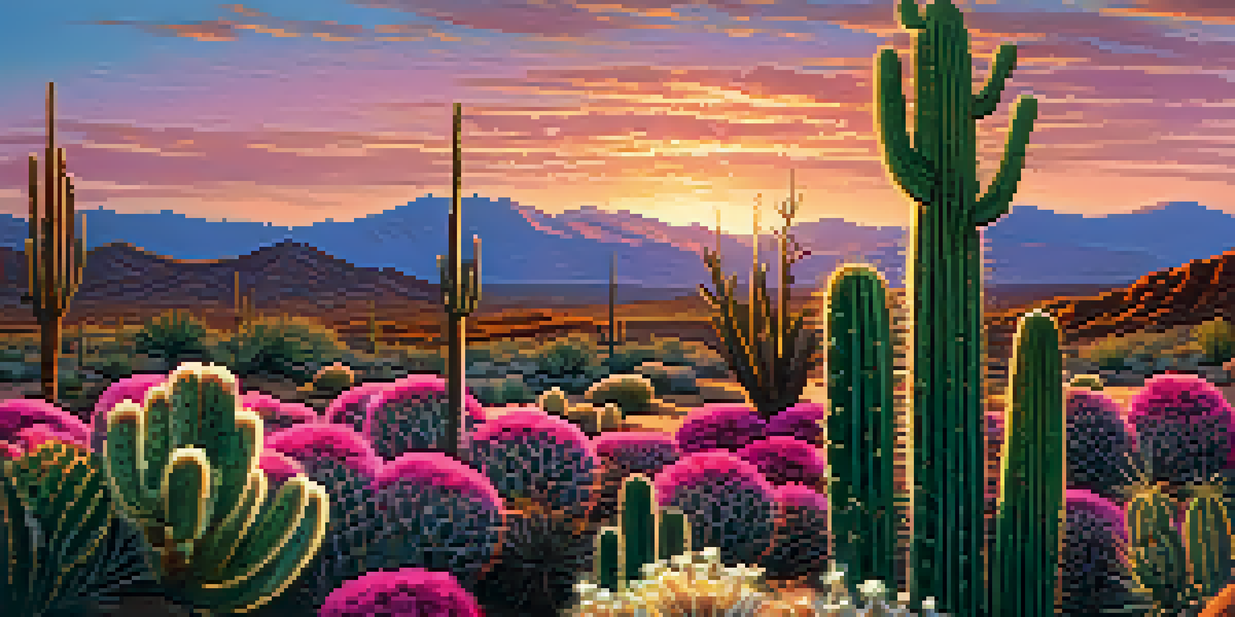 A peaceful desert scene featuring peyote cacti with blooming flowers during sunset, with mountains in the background.