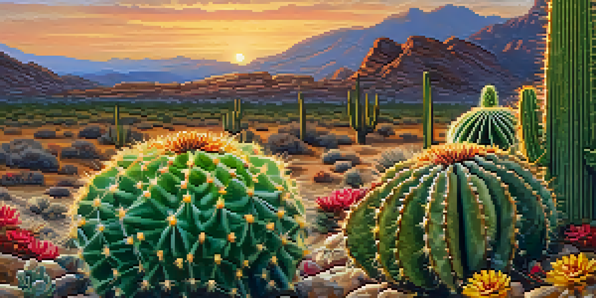 A close-up view of a peyote cactus with desert wildflowers and a sunset background.
