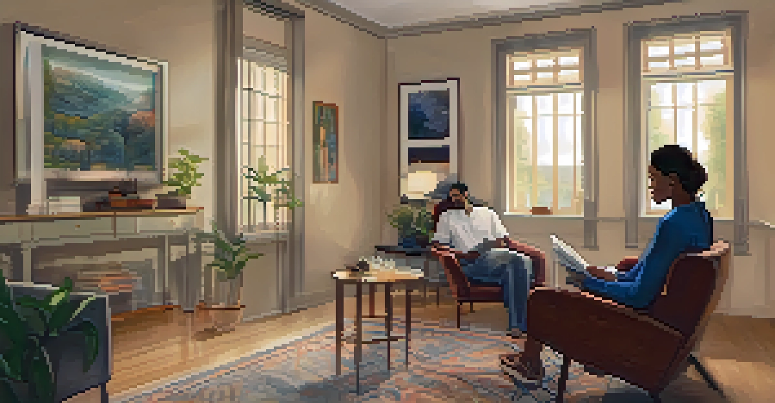 A cozy therapy room with soft lighting, a therapist and patient engaged in conversation, and calming decor.