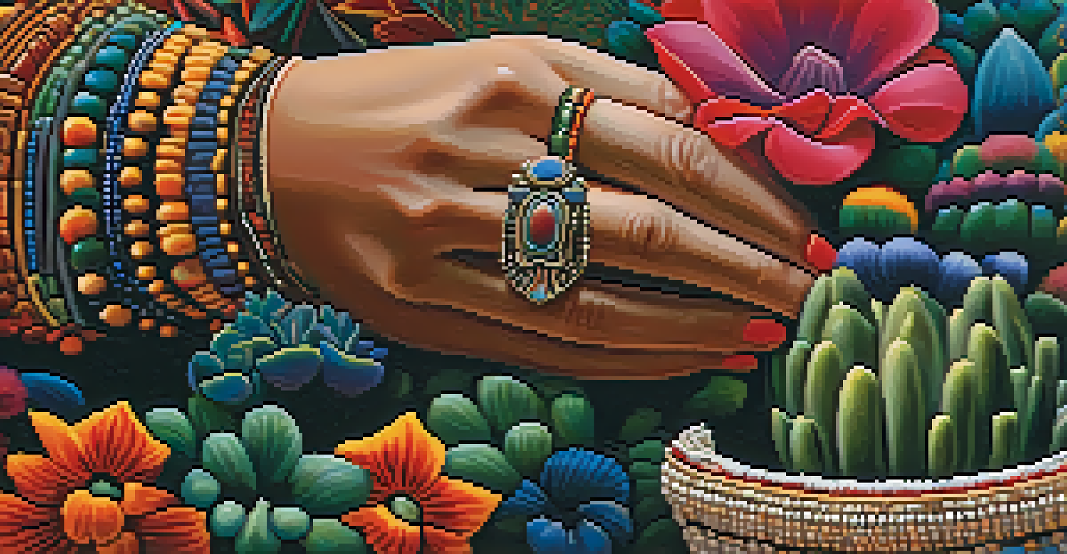 A close-up of a hand holding a small Peyote cactus, with traditional jewelry in the background.