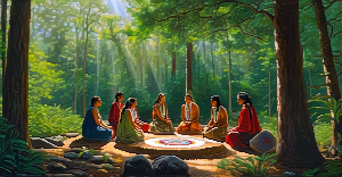 A peaceful scene of a Native American peyote ceremony in a forest, with participants seated in a circle and a spiritual leader guiding the ritual.