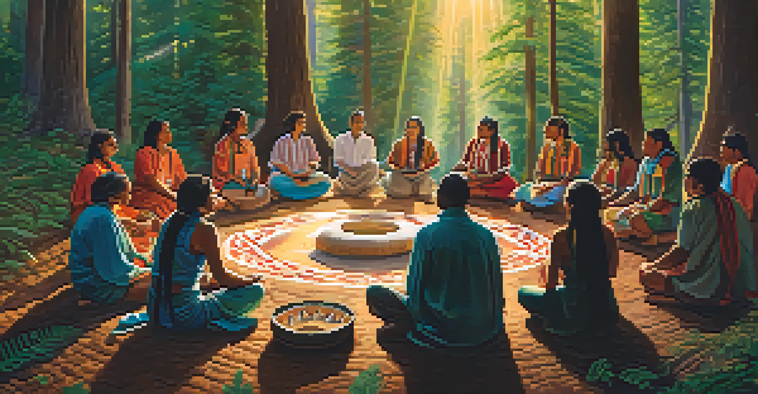 A diverse group of people in traditional attire engaged in a Peyote ritual in a forest clearing, surrounded by trees and sunlight.