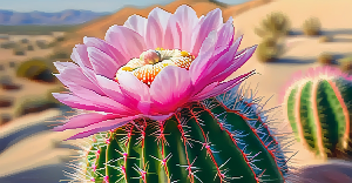 A close-up of a peyote cactus with pink flowers in soft morning light, surrounded by blurred desert plants.