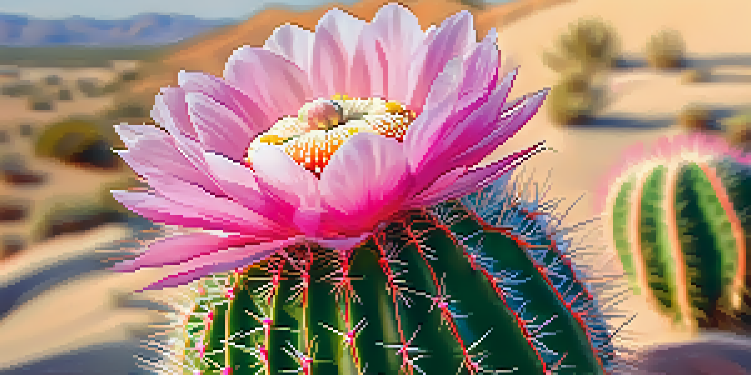 A close-up of a peyote cactus with pink flowers in soft morning light, surrounded by blurred desert plants.
