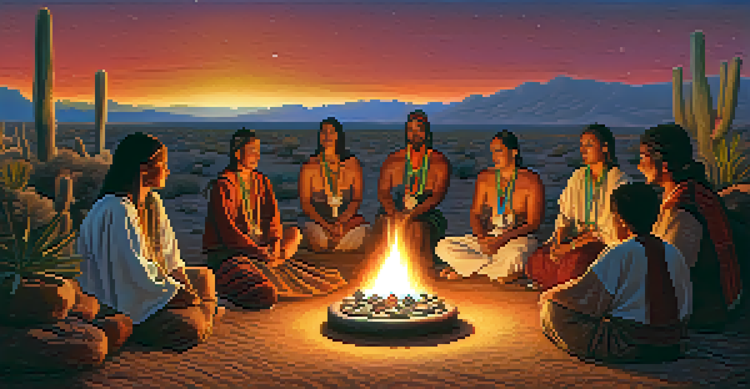 A group of people in traditional attire engaged in a peyote ceremony around a small fire, creating a warm and intimate atmosphere.