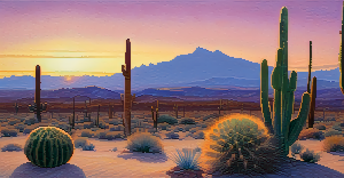 A desert landscape at dusk with a small peyote cactus in the foreground, surrounded by soft pink and purple skies.
