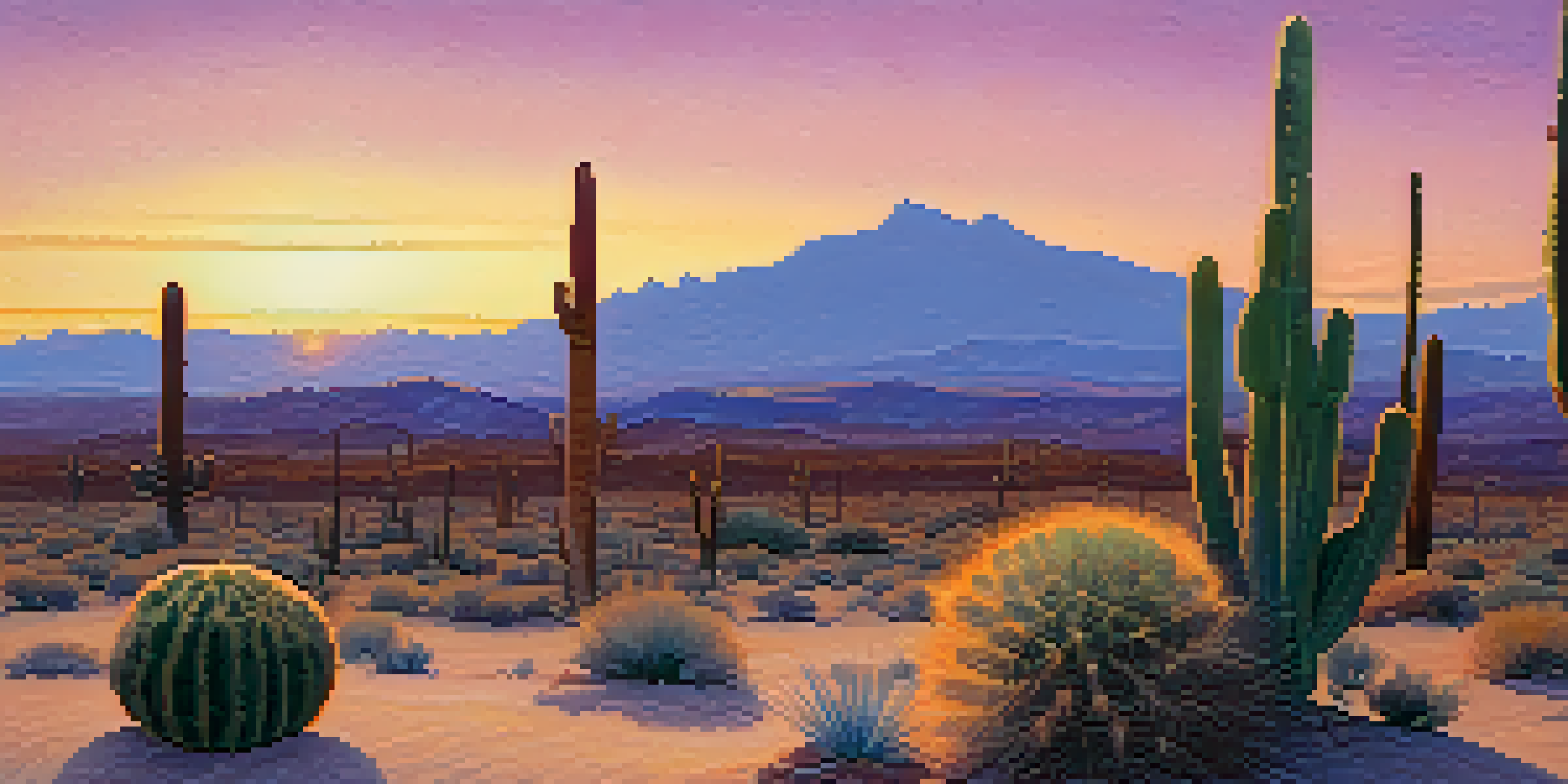 A desert landscape at dusk with a small peyote cactus in the foreground, surrounded by soft pink and purple skies.