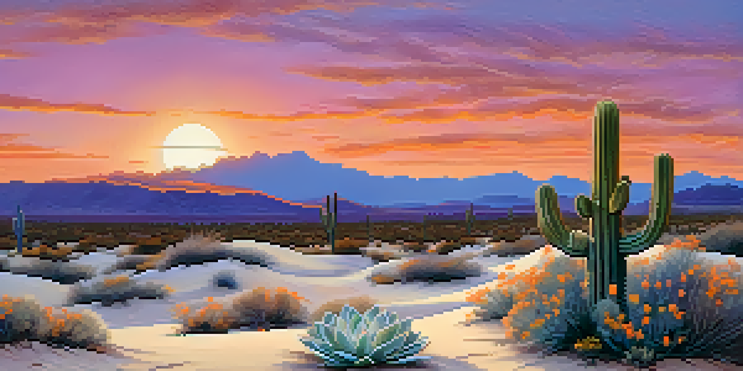 A tranquil desert scene at sunset with a peyote cactus in the foreground, surrounded by sand dunes and a colorful sky.