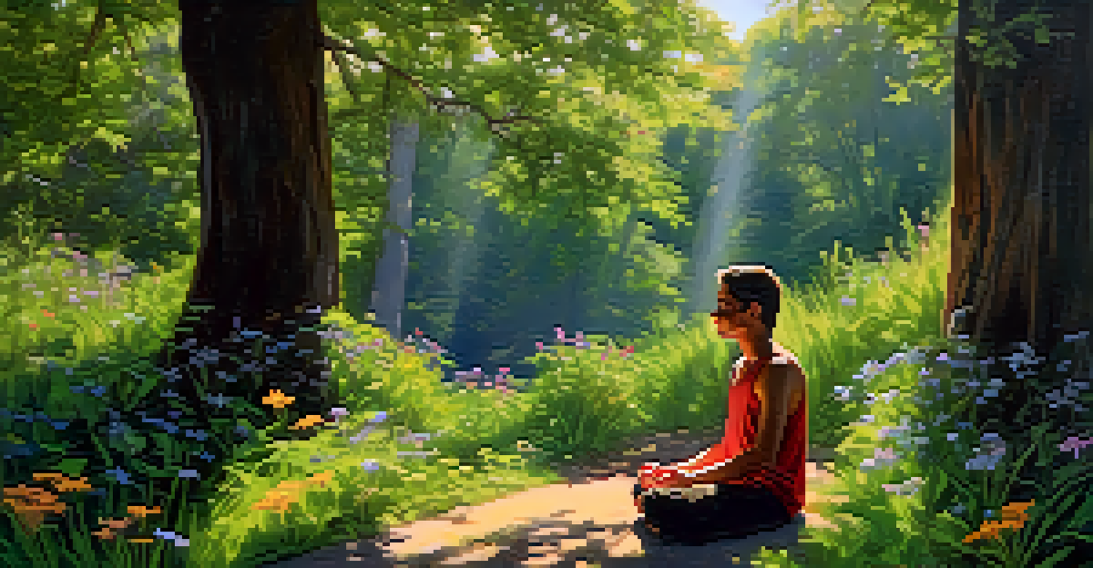 A person meditating in a lush green environment, surrounded by flowers.