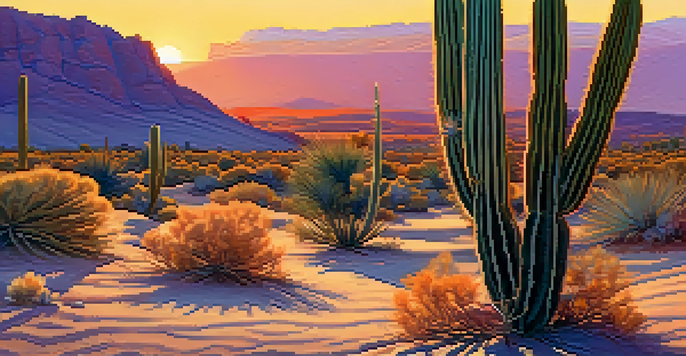 A tranquil desert scene with a small peyote cactus in the foreground and a colorful sunset sky.