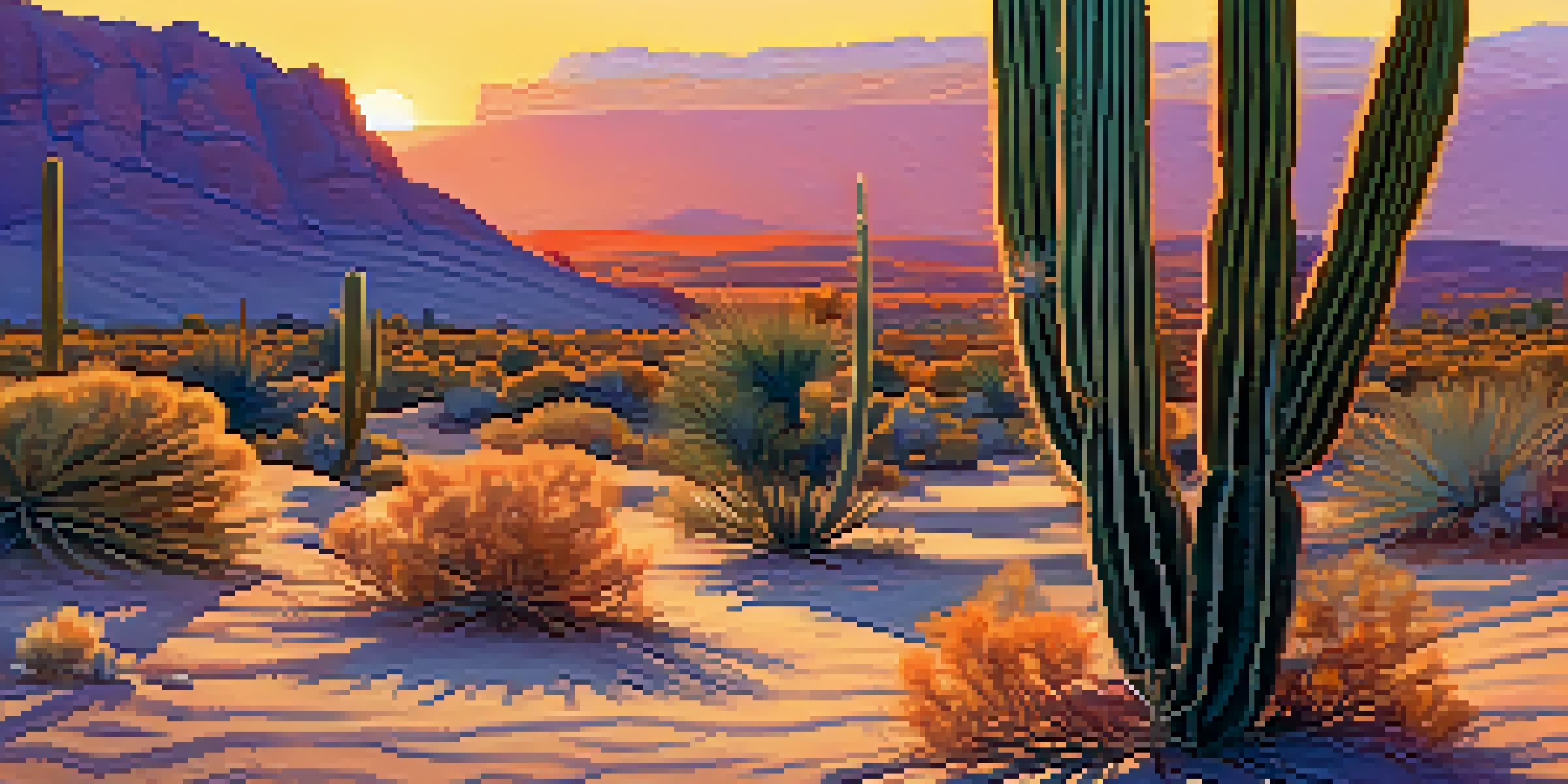 A tranquil desert scene with a small peyote cactus in the foreground and a colorful sunset sky.