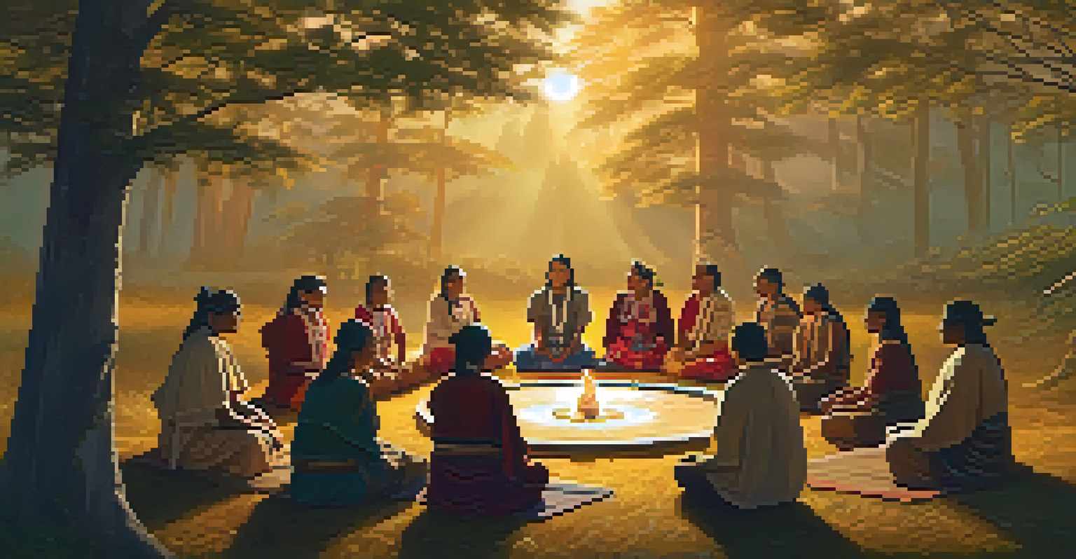 A group of Indigenous people in traditional attire sitting in a circle for a ceremony, surrounded by nature, with warm golden light creating a sacred ambiance.