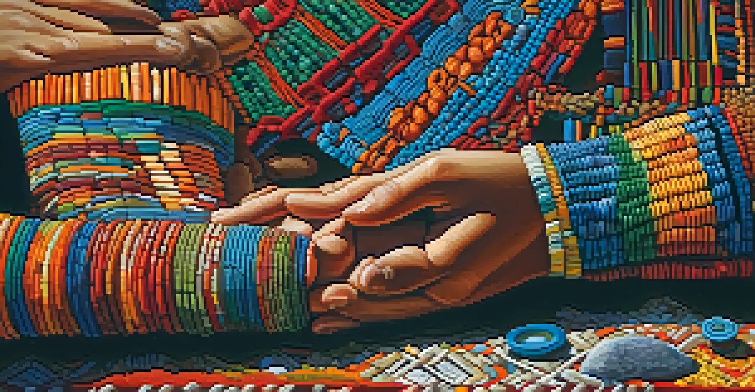 Close-up of hands creating beadwork and painting during a peyote ceremony, with vibrant colors and patterns, illuminated by soft ambient light.