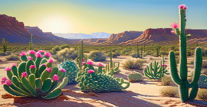 A blooming peyote cactus in a desert landscape with a clear blue sky and soft sunlight.