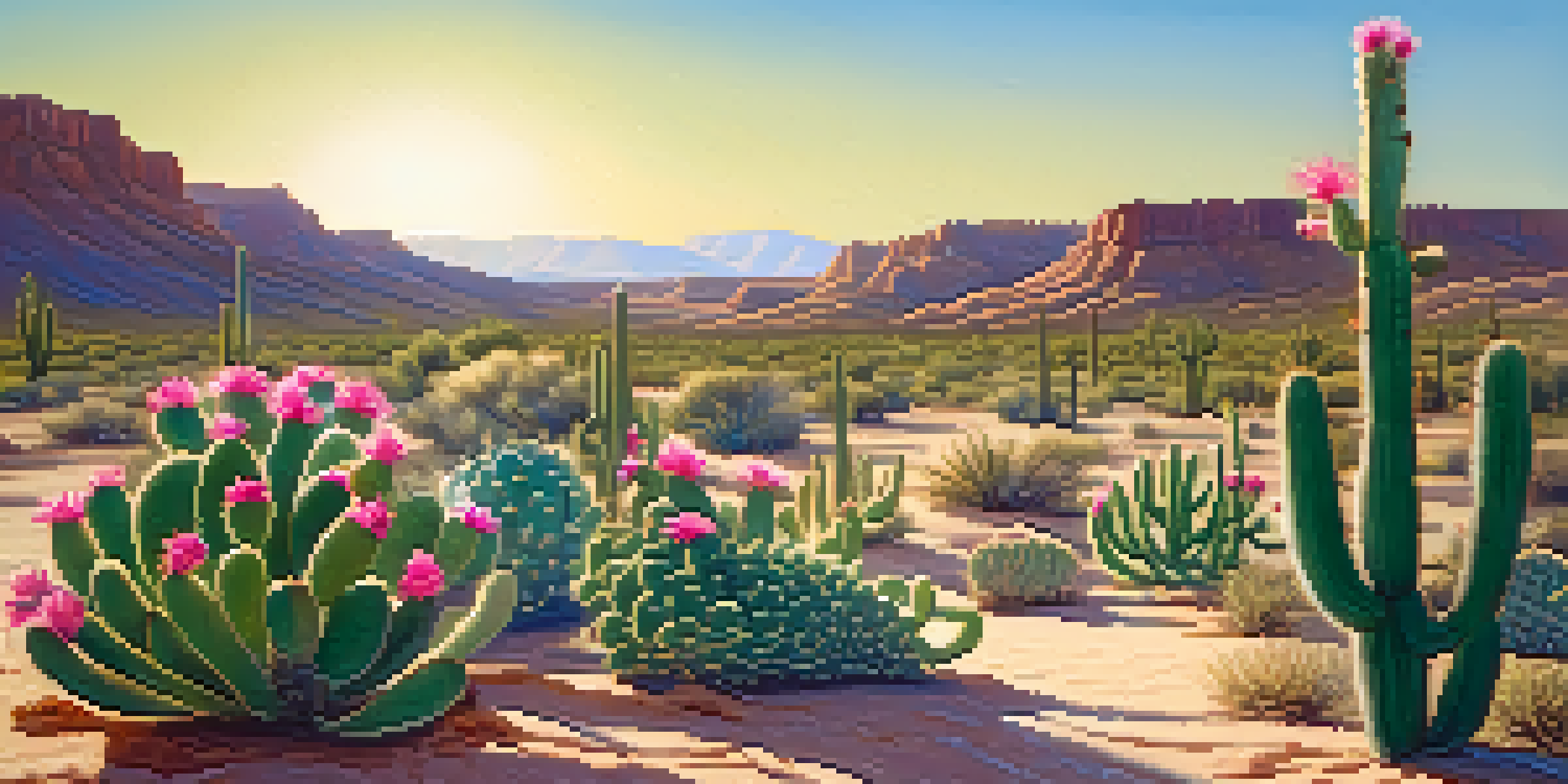 A blooming peyote cactus in a desert landscape with a clear blue sky and soft sunlight.