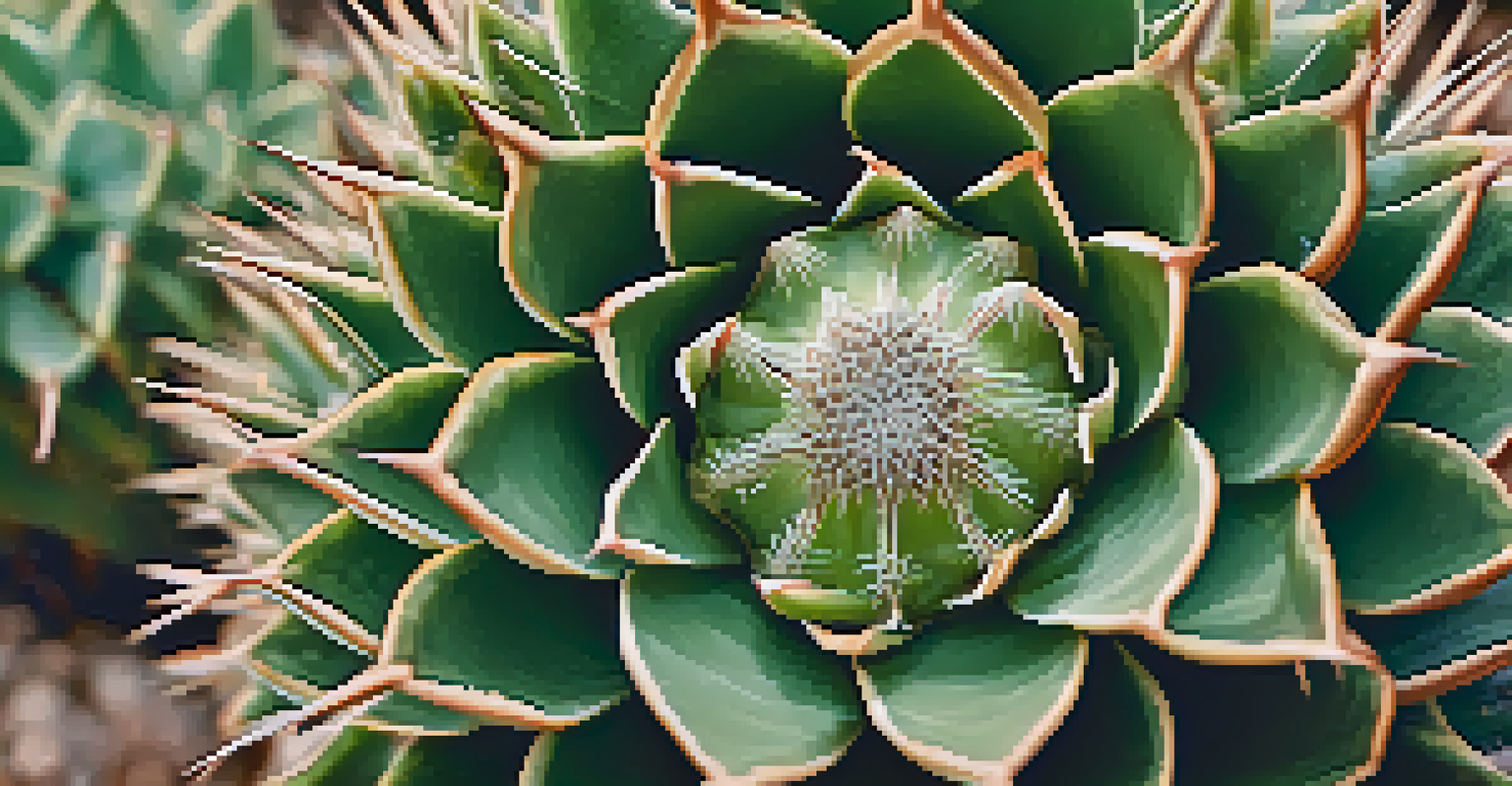 A close-up view of a peyote cactus, showcasing its textured surface and unique patterns against a blurred desert background.