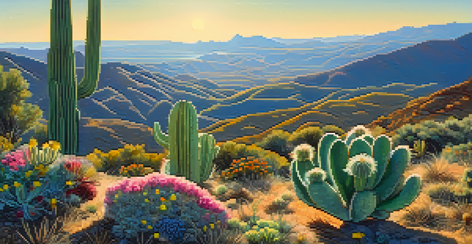 A landscape with a small peyote cactus surrounded by wildflowers under a blue sky, with hills in the background.